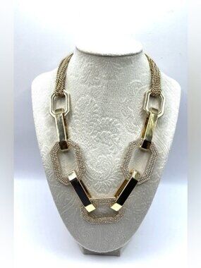Oversized Gold Chunky Toggle Statement Necklace Rhinestones Geometric Sparkle
